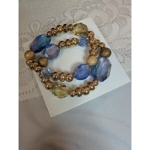 Boho Chic Blue & Gold Bead Elastic Stacking Bracelets